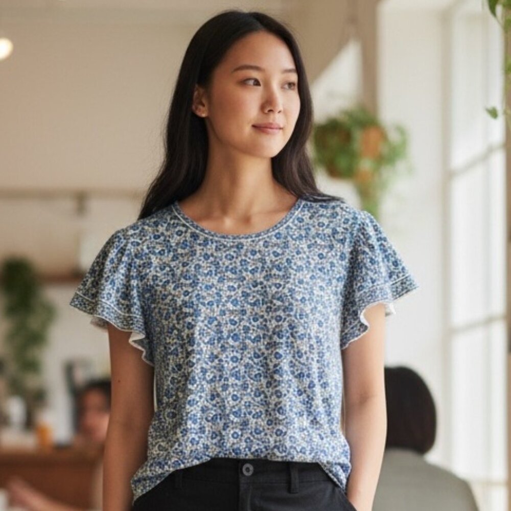 Max Studio Women’s Large Abstract Print T-Shirt | Cream Blue | Flutter Sleeves